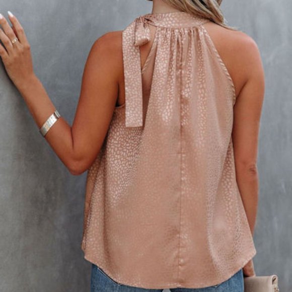 Pink Sleeveless Tie Mock Neck Leopard Tank Top  Size L - Picture 3 of 11